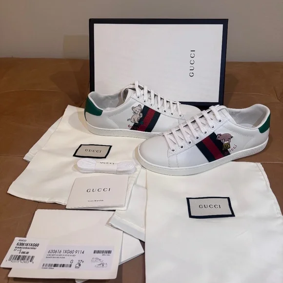 Gucci Ace Embroidered Sneakers - Cat & Piglet Edition - Size 37.5 - BRAND NEW - Picture 1 of 7